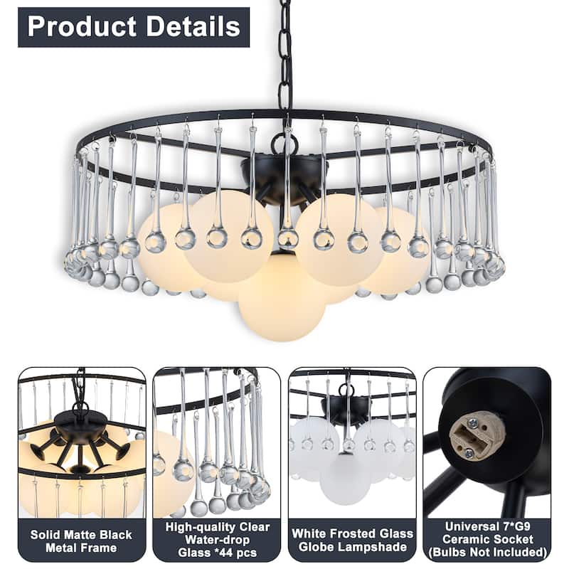 7-Light Modern Circular Chandelier with White Glass & Crystal Accents - Dia.23.62-in