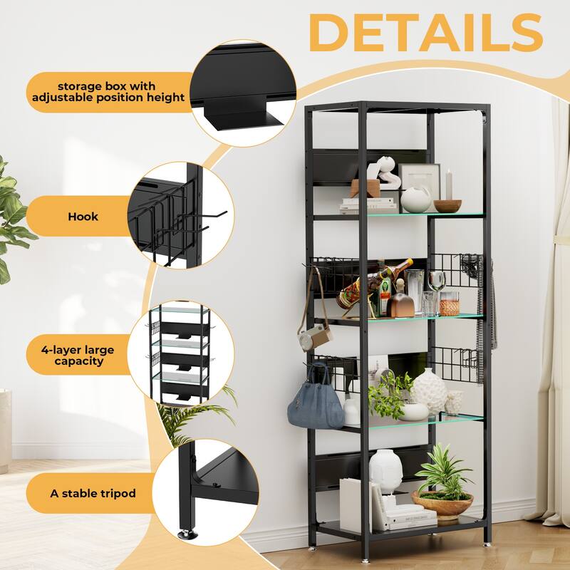 4 Tier Glass Display Shelf with RGB LED Lights, Metal Standing Curio Shelf with Adjustable Box and Hooks