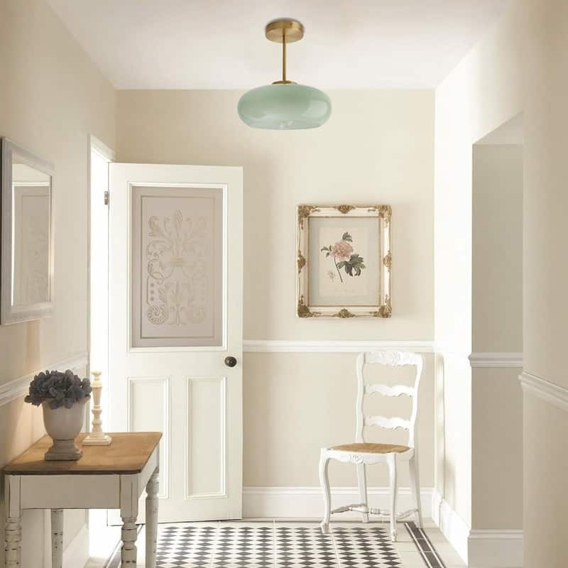 Vintage light fixture milk green hallway light brass, glass semi flush mount light