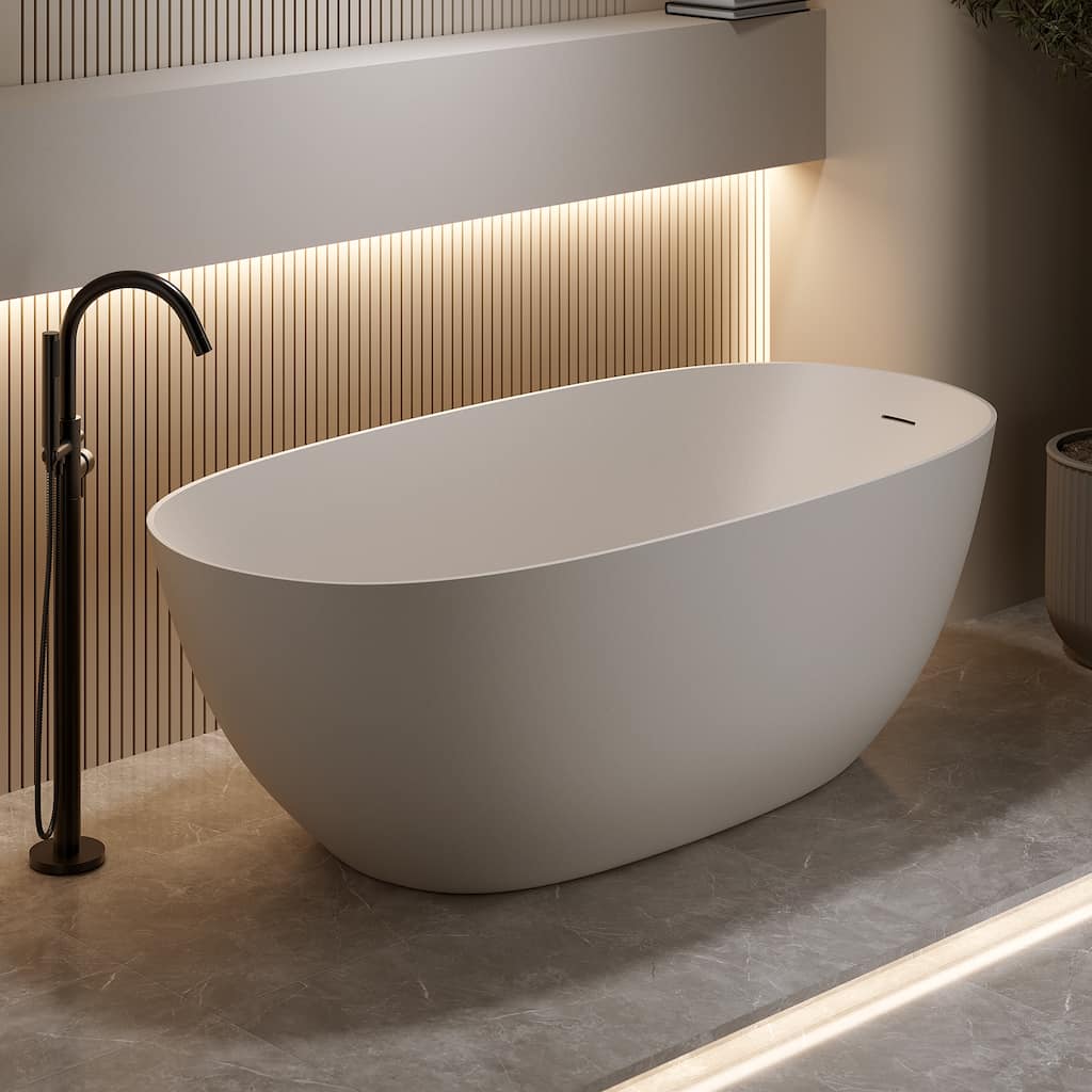 Luxury Solid Surface Freestanding Soaking Bathtub with Center Drain and Pop-up Drain, Modern Beige Tub with Overflow