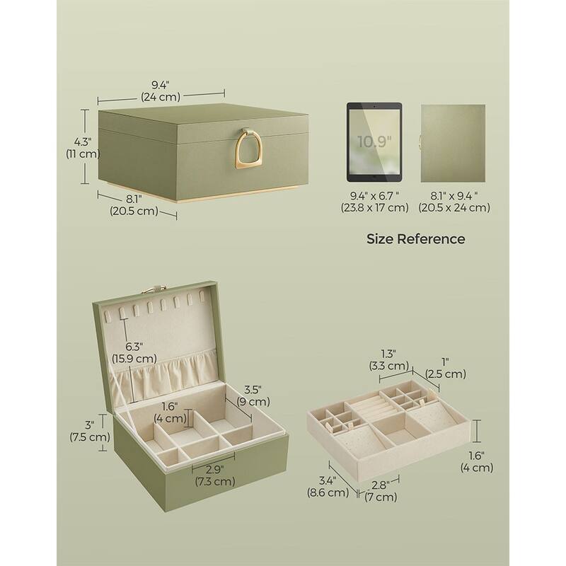 2-Layer Jewelry Organizer Box with Gold Metal Handle Perfect Gift for Birthdays or Anniversaries - 8.1"D x 9.4"W x 4.3"H