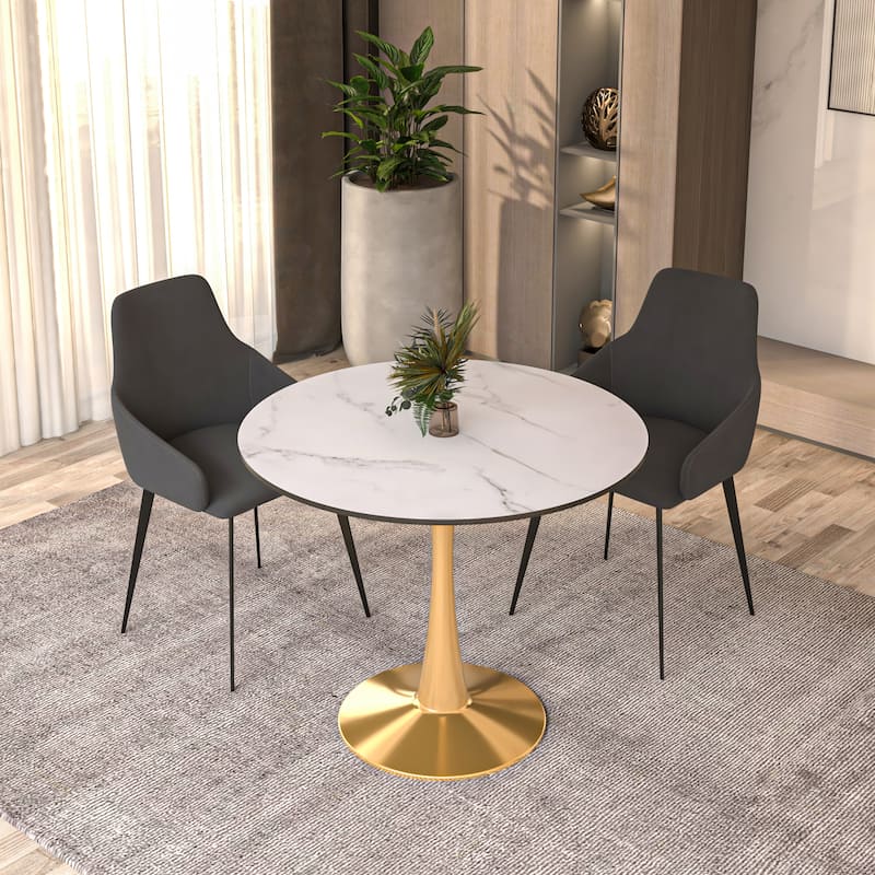 Bristol 31-inch Round Dining Table, Gold Pedestal Base Kitchen Table, Easy-Clean Scratch Resistant Surface, Floor Protectors