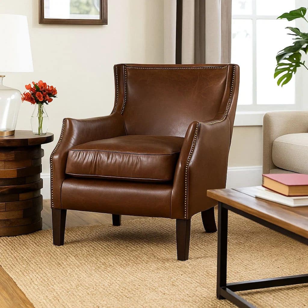 Accent Sofa Chair, Studded Trim, Brown Top Grain Leather, Rubberwood