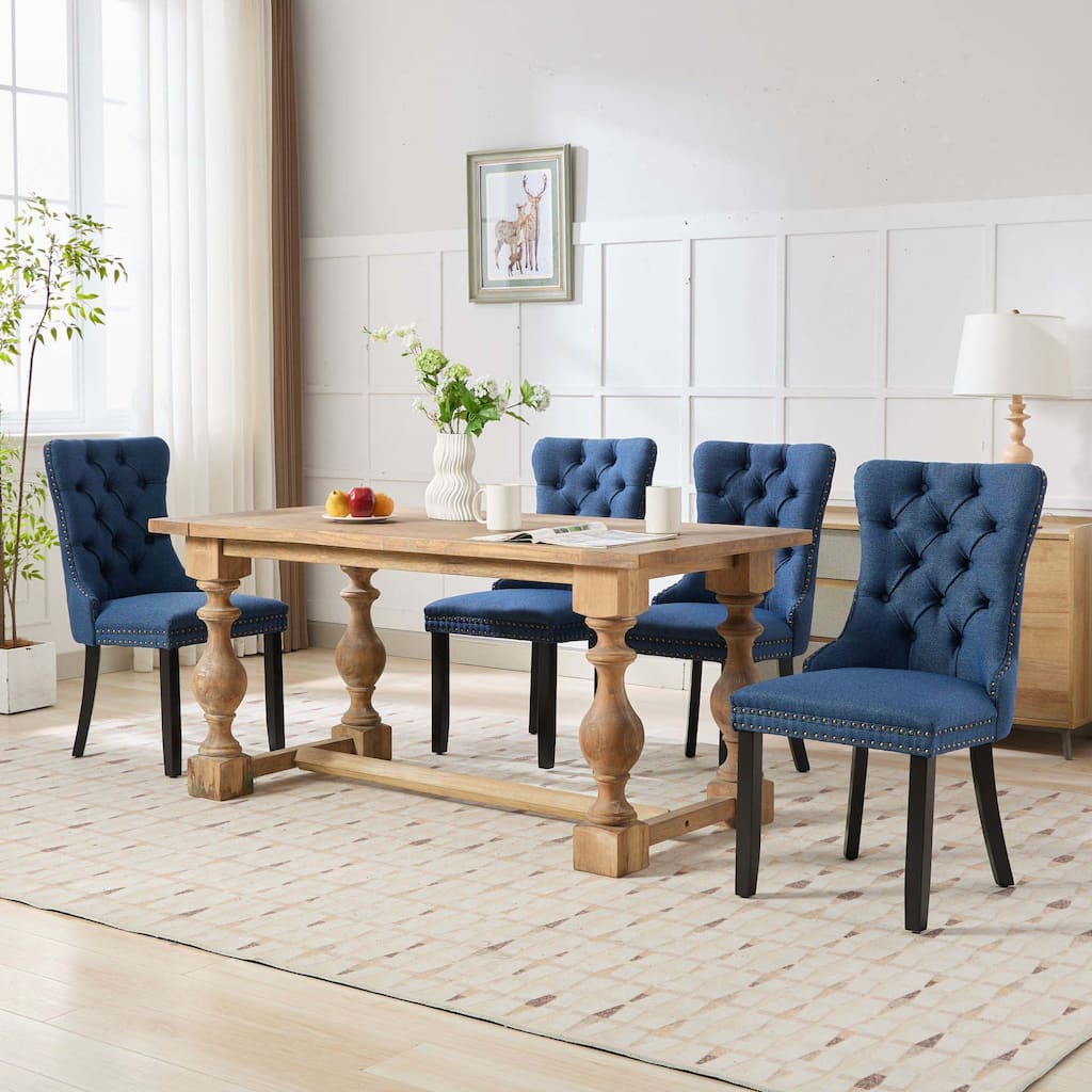High-end Tufted Solid Wood Linen Dining Chair with Wood Legs Nailhead Trim 2-Pcs Set