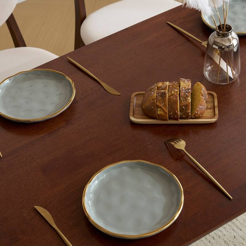 Mid-Century Wood Dining Set with Fabric Chairs,5-Pcs Set,Natural Oak Finish