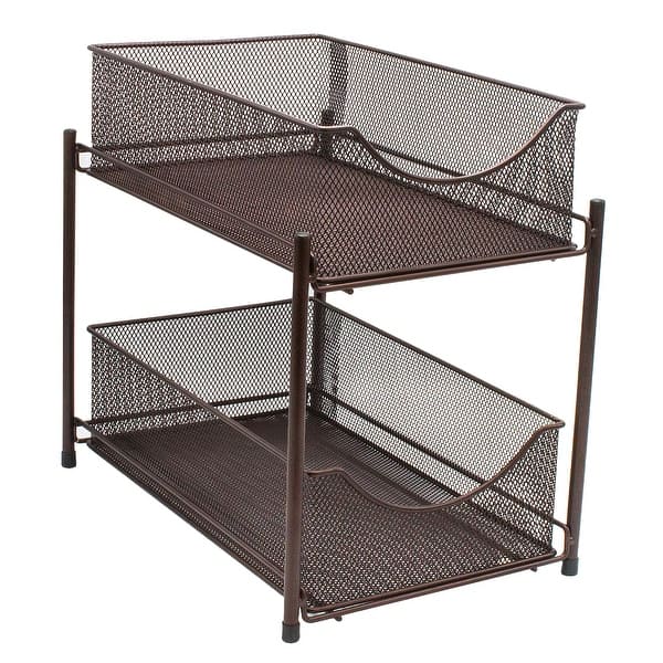 slide 2 of 6, 2 Tier Organizer Baskets with Mesh Sliding Made of Steel Bronze