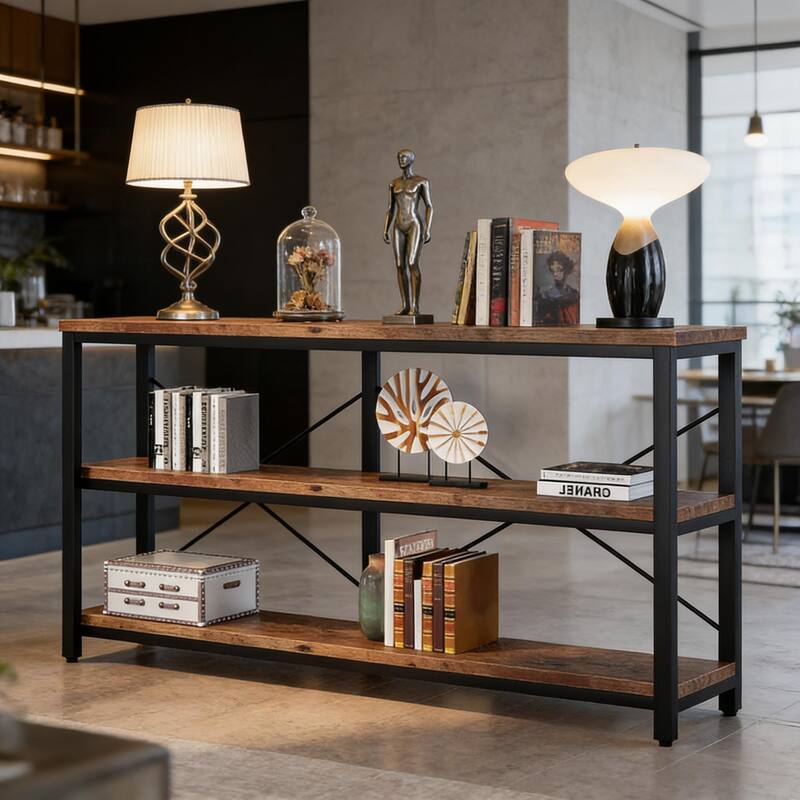 Console Table, 3-Tier Hall Storage Shelf, Sofa Table - Black,Rustic Brown