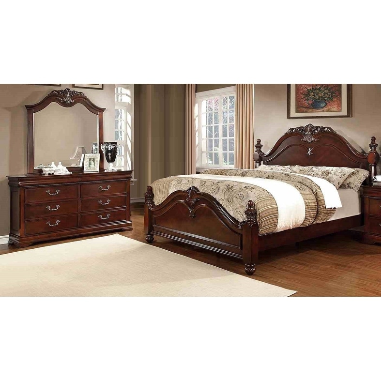 3-Piece Wooden Furniture Poster Bedroom Set Cherry Finish