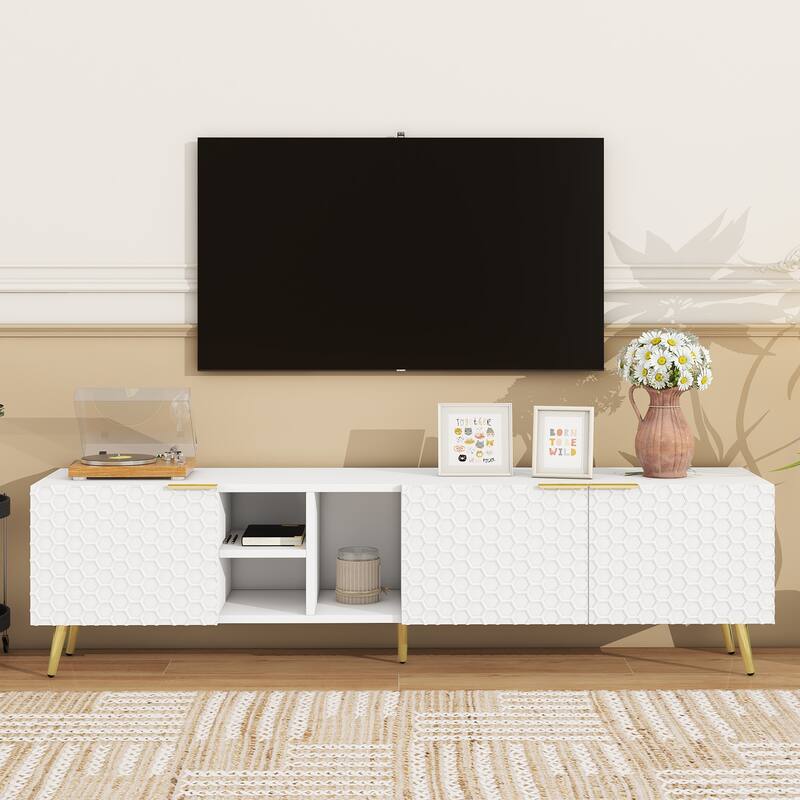 71" Minimalist TV Cabinet with Geometric Honeycomb Pattern - Gold Accents, Cable Management, Storage