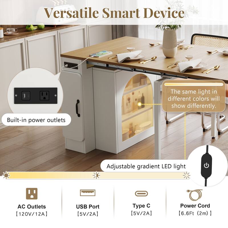 Extendable Dining Table with 3 Removable Middle Leaves,Mobile Rolling Table with Power Outlet,Saving-space Cabinet with Storage