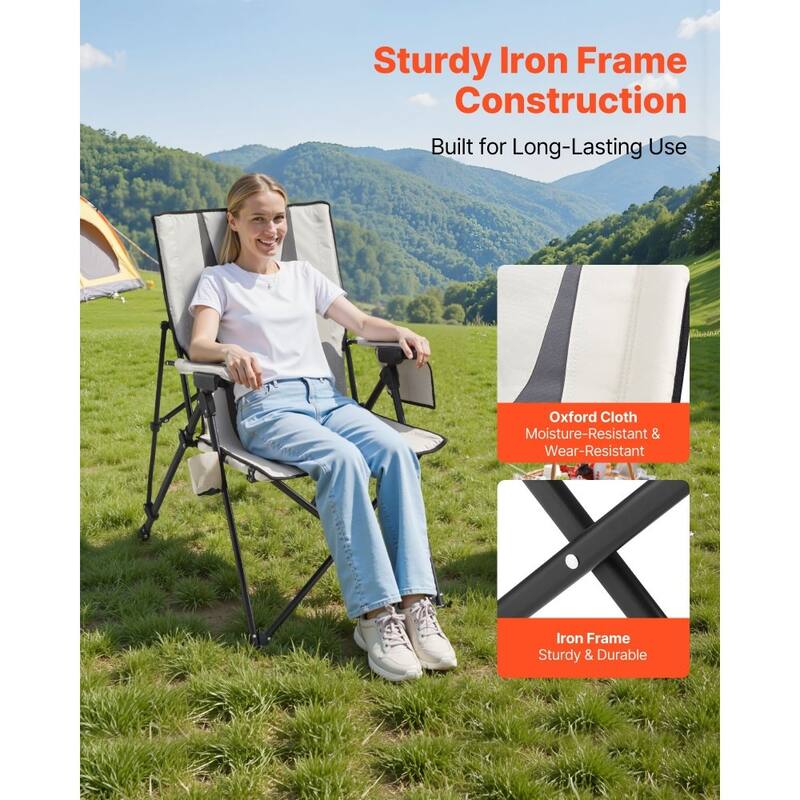 Beige-Grey High-Back Folding Camping Chair with Cotton-Padded Oxford Fabricand Adjustable Recline - 22.83” x 32.67” x 55.11”