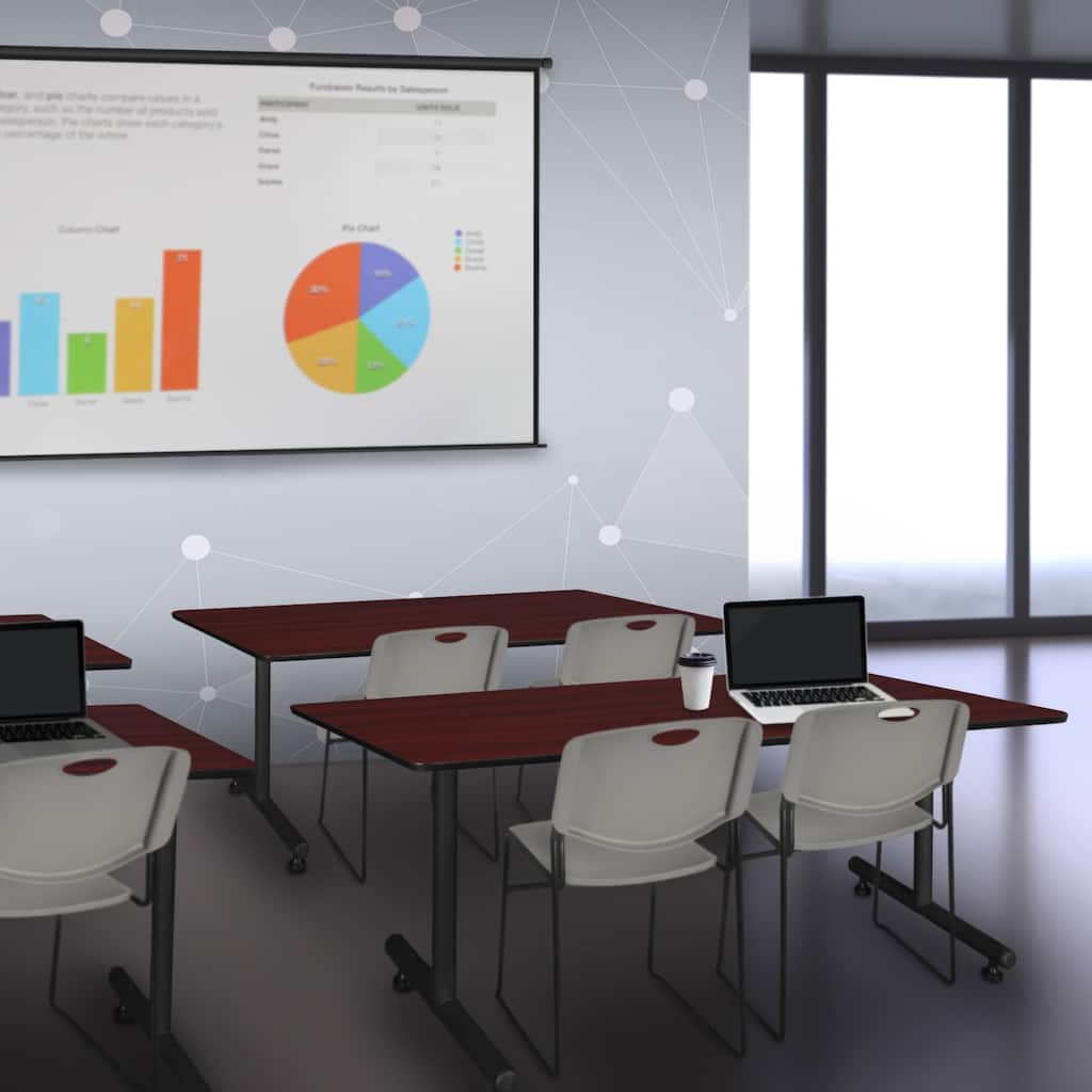 66" x 30" Training Table- Mahogany and 2 Stack Chairs- Grey - 66" x 30"