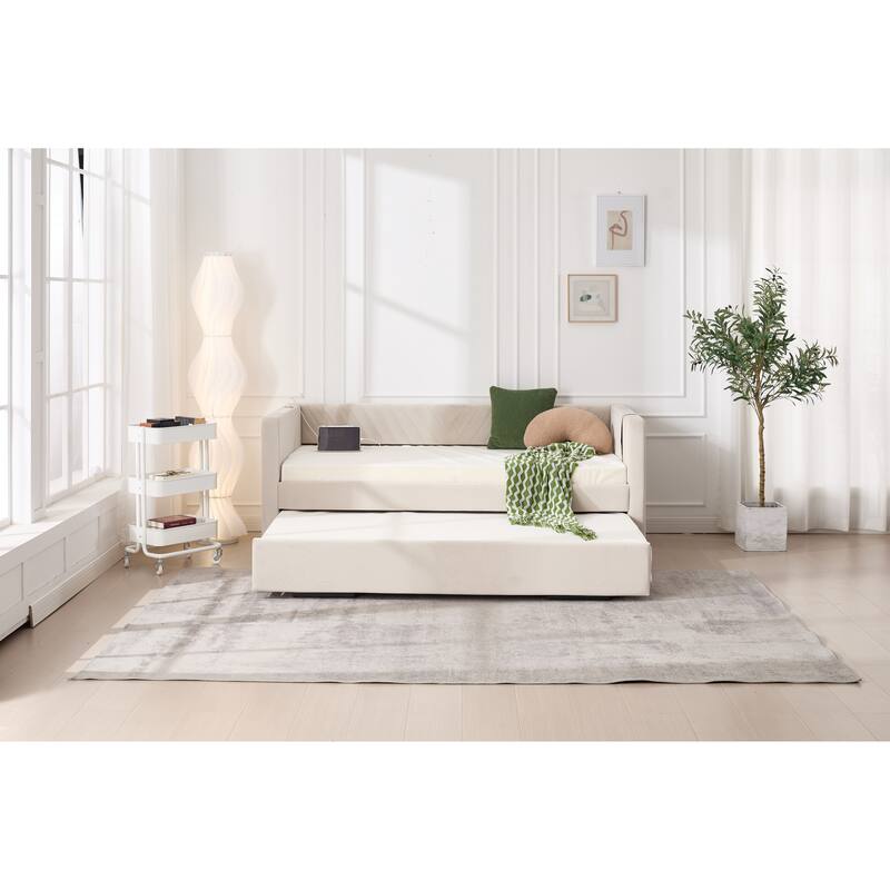 Twin Size Velvet Daybed with Trundle, USB Charging Port & Side Pockets, Modern Upholstered Sofa Bed with V-Pattern Backrest