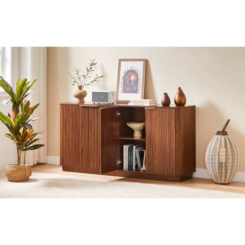 Anmytek Mid-Century Modern Sideboard with Fluted Detailing and Gold Handles in Walnut Finish