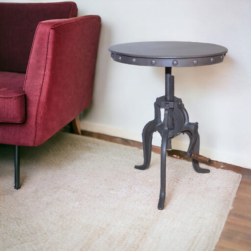 Grey Iron Adjustable Height Industrial End Table with Rustic Rivet Top - 18” x 18” x 19” (D x W x H)