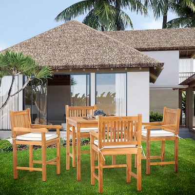 5 Piece Teak Wood Elzas Bistro Counter Dining Set Including 35" Table and 4 Counter Stools w/ Arms