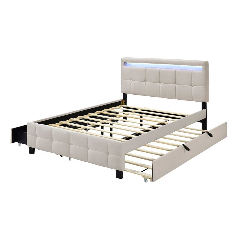 Queen Size Platform Bed w/ LED Headboard, Twin XL Trundle, 2 Drawers
