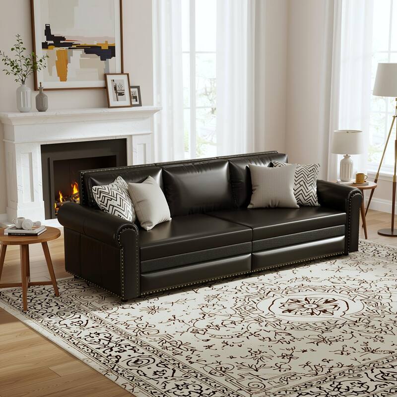 Homy Casa Faux Leather Pull-Out Sofa Bed, 2-in-1 Convert Sleeper Couch - Black