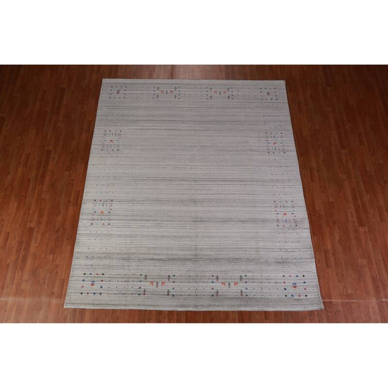 Silver Gray Gabbeh Indian Area Rug Handmade Striped Wool Carpet - 8'1" x 9'9"