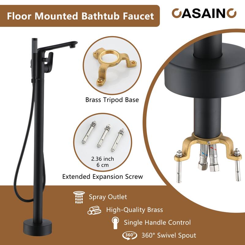CASAINC Single-Handle Freestanding Floor-Mount Roman Tub Faucet with Handheld Shower