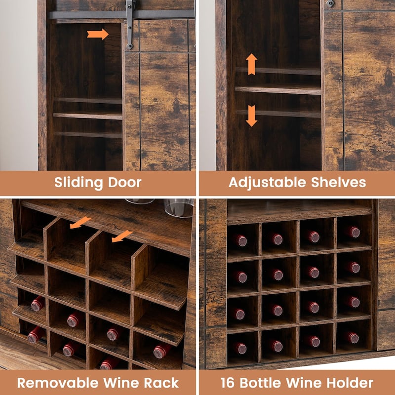 Farmhouse 47" Wine Bar Cabinet Buffet Sideboard Cabinet with 16 Bottle Wine Rack - 15.7"D x 47.2"W x 34.61"H