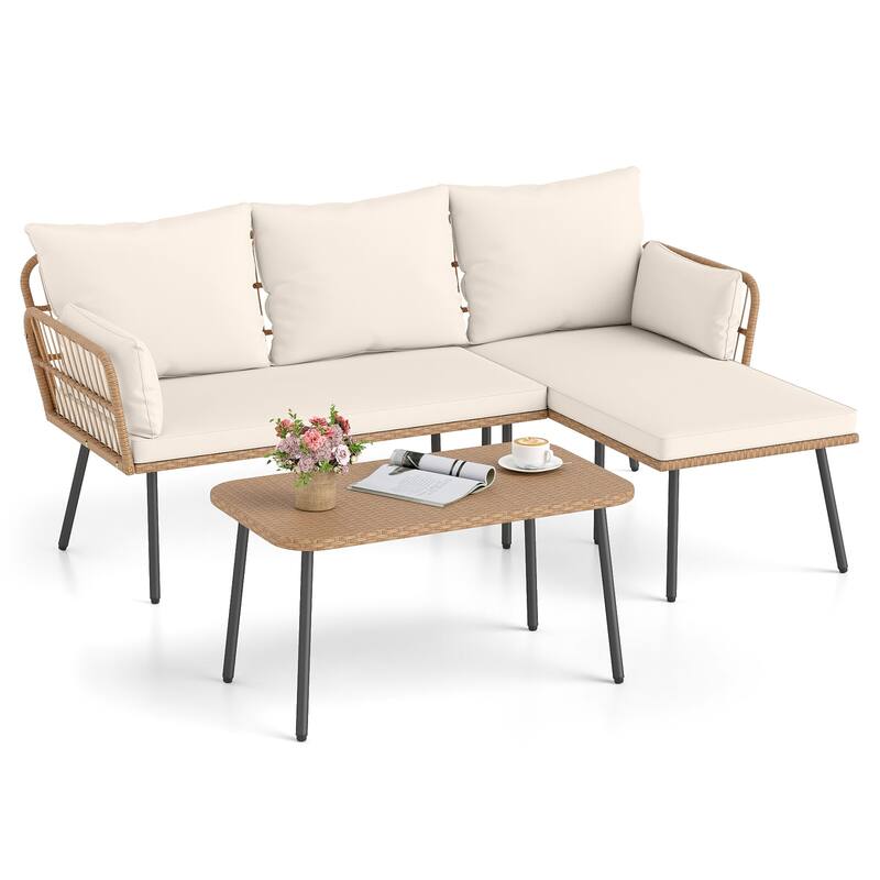 Gymax 3 Pieces L-Shaped Patio Furniture Set w/ Coffee Table Removable