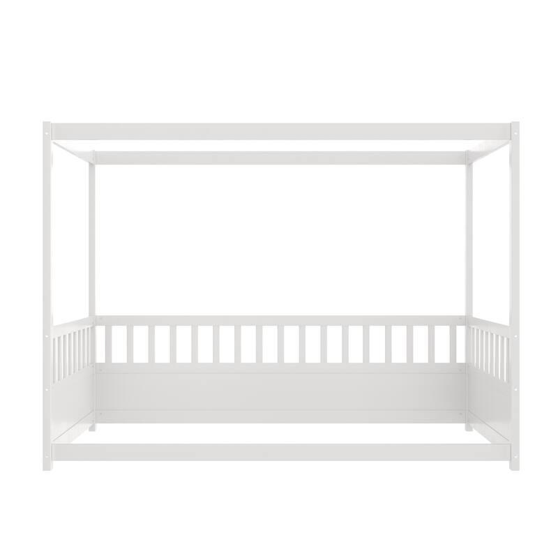 Twin Size Wooden Canopy Bed Frame with Guardrails for Kids, Montessori Floor Bed in White