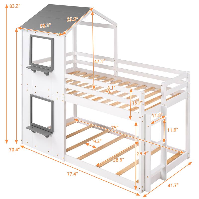 House Bunk Bed for Kids, Twin Over Twin Bunk Bed Frame, Wooden Floor Bunk Bed with Roof, Window, Guardrail, Ladder