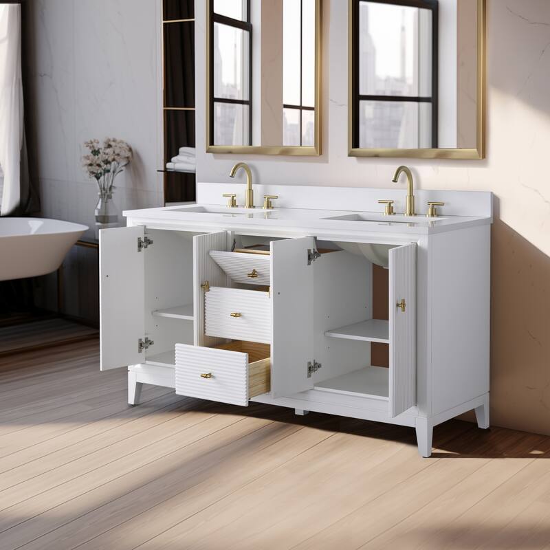 Vanity Art 60" Freestanding Bathroom Vanity with Engineered Marble Top and Sinks