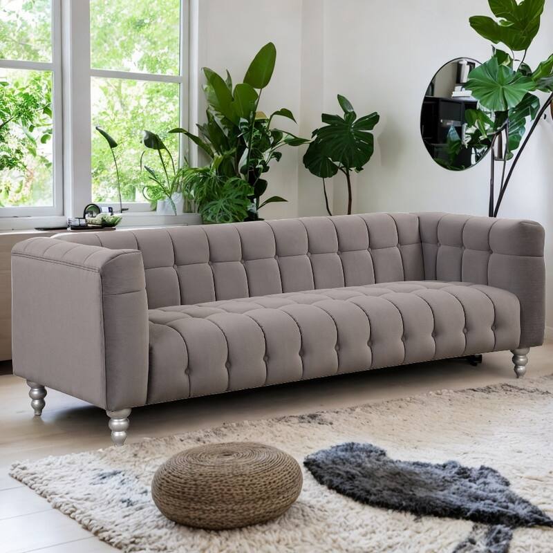 3 Seat Dutch Fluff Sofa with Solid Wood Legs, Buttoned Tufted Backrest