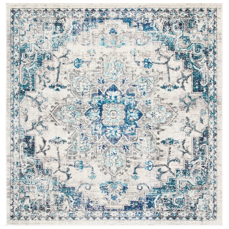SAFAVIEH Madison Diederike Boho Medallion Distressed Rug - 5' Square - Ivory/Grey - Square