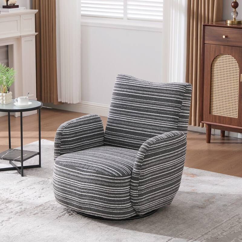 Modern Style 360° Swivel Leisure Chair Fabric Striped Armrest Swivel Chair and metal bracket, suitable for living room, balcony - Dark Gray