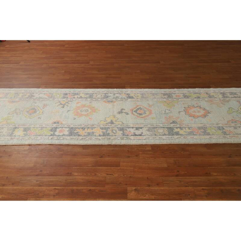 Hand Knotted Oriental 100% Wool Carpet Transitional Floral Navy Blue & Blues Oushak Runner Rug - 10' 9'' X 2' 11''