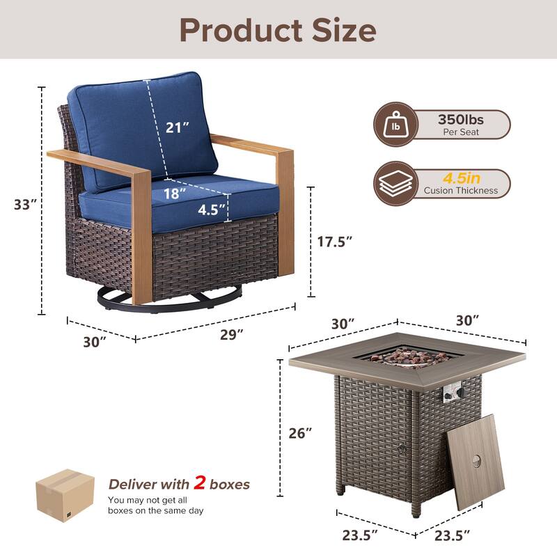 Meyreso 3-Piece Wicker Swivel Glider Fire Pit Set with Plush 4.5" Olefin Cushions