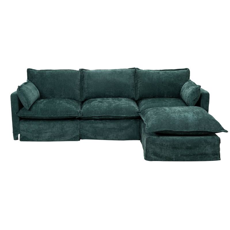 93.31" Linen Modular Sectional Sofa with Movable Ottoman, Solid Wood Frame, and High-Resilience Foam Cushions