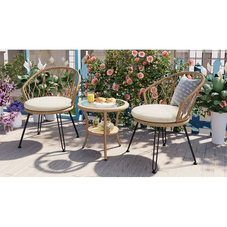 3 Pieces Rattan Bistro Set with A Glass Round Table for Patio