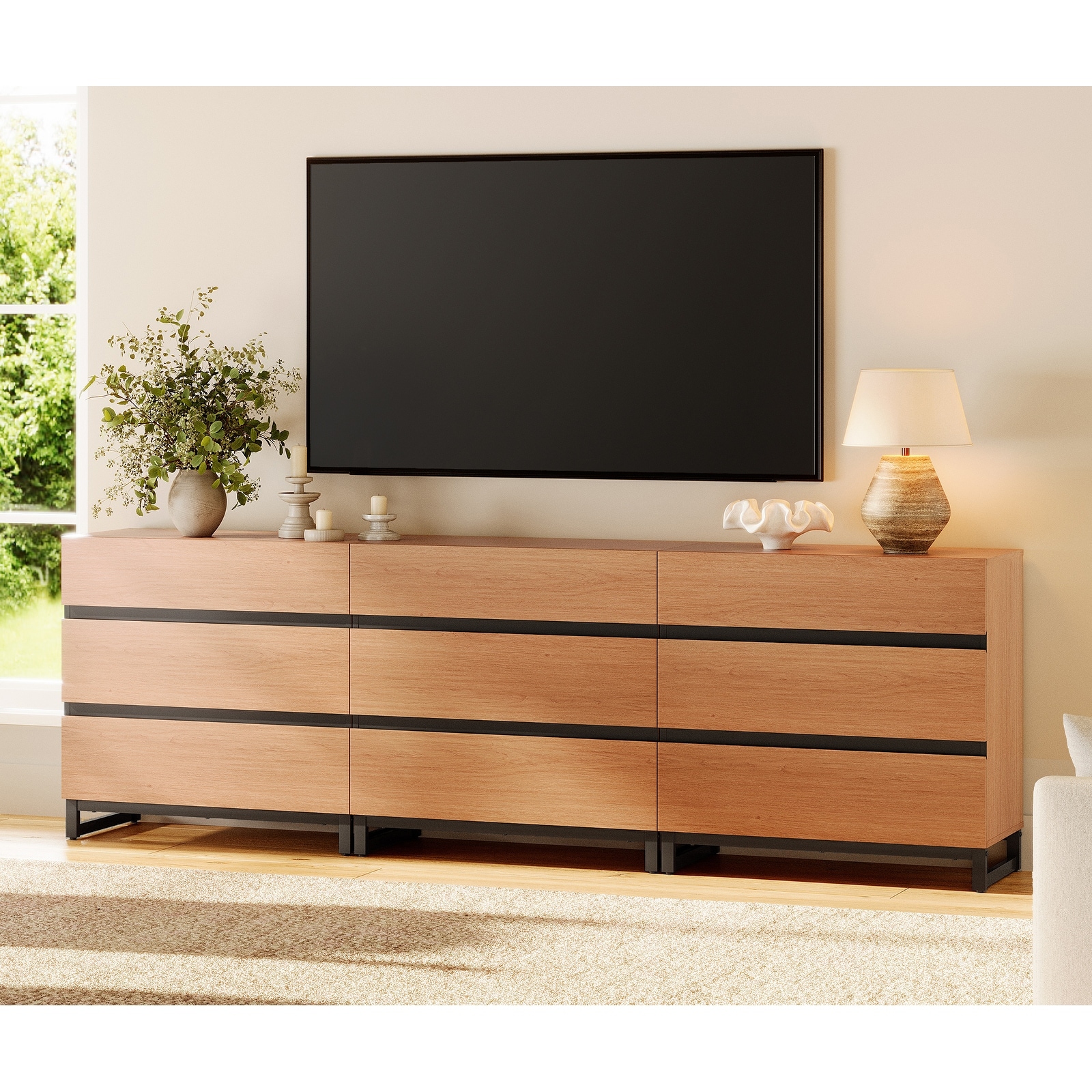 Modern TV Stand, Entertainment Center TV Console Table with Drawers and Metal Base, Media Console for Living Room, Bedroom