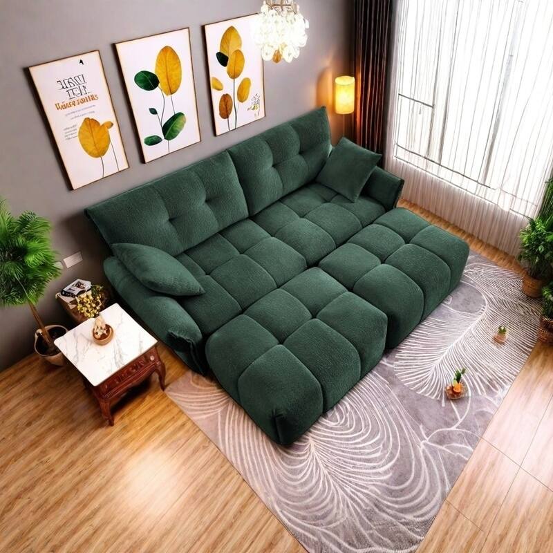 Modular 4-Seat Chenille Sofa Set with 2 Ottomans, High-Resilience Cushions and Solid Wood Frame - 2 Seater with 2 Ottoman Green
