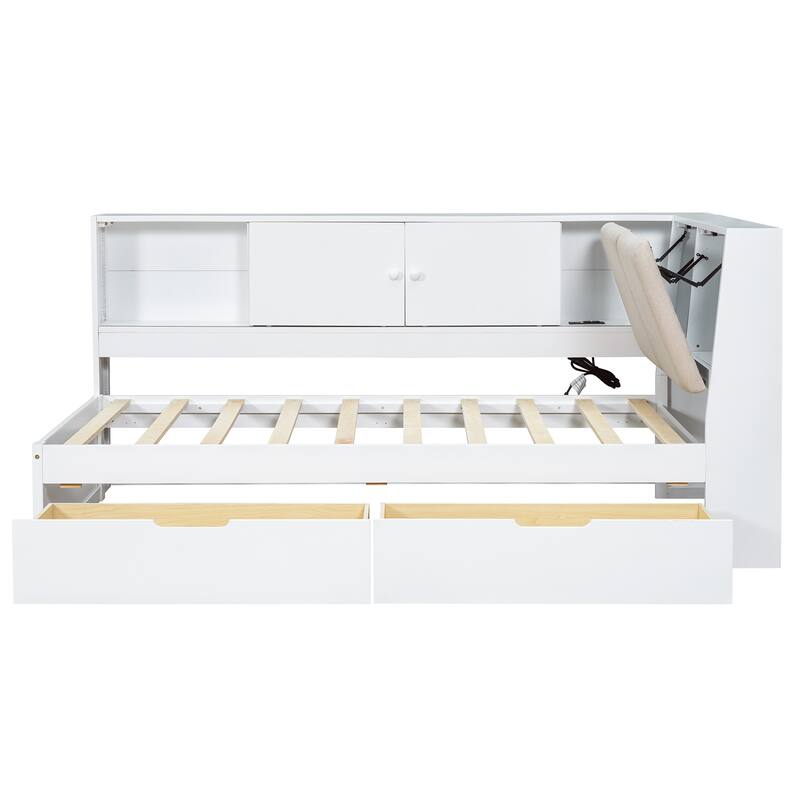 L-shaped Daybed Wooden Corner Sofa Bed Frame with Sliding Doors Bookcase Captains Bed, Upholstered Headboard Built-in Storage