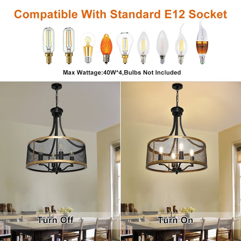 16" Industrial Pendant Light Farmhouse Hanging Lamp 4-light Drum Lampshade