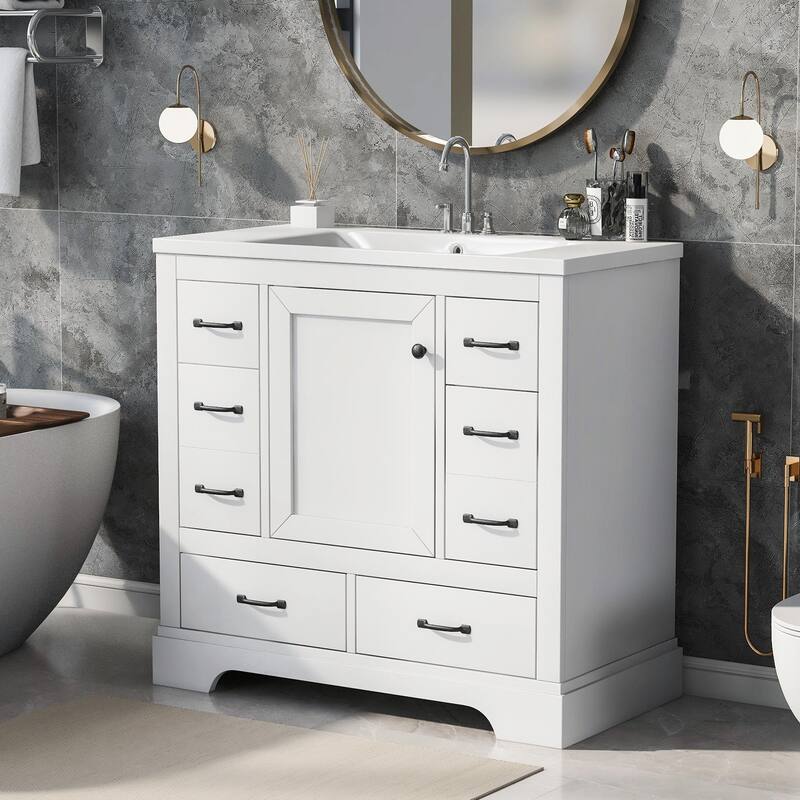 36" Bathroom Vanity with Sink Combo: Six Drawers, Multi-Functional Divider, Adjustable Shelf