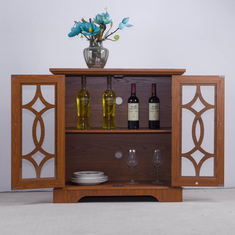 Anmytek Dark Oak Storage Sideboard Buffet Cabinet with Glass Doors & Adjustable Shelf for Dining Kitchen Living Room