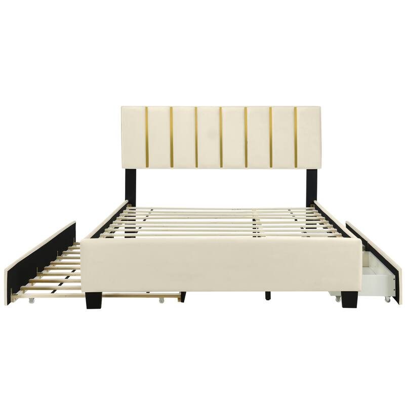 HomeRoots Beige Tufted Velvet Upholstered Queen Bed Frame With Trundle And Drawers