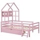 preview thumbnail 28 of 28, Kids Platform Bed House Bed Twin Size Wood Frame with House Roof Headboard, Safety Guardrail, Large Drawer, Star Pattern