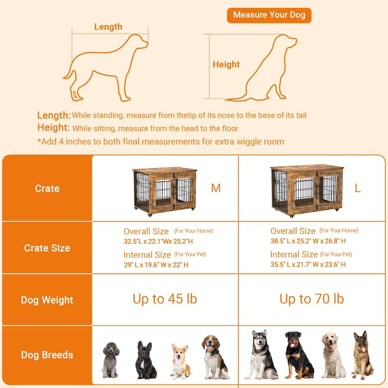 Dog Crate Indoor Heavy Duty Double Doors Wooden Dog Cage with Cushion