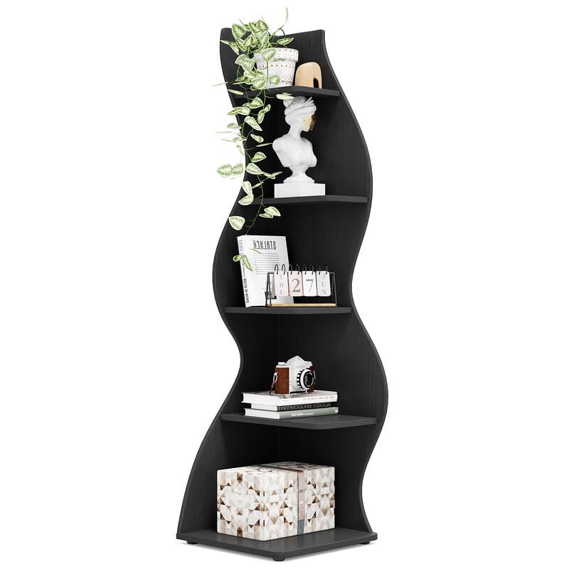 Modern Wood Corner Shelf, 5-Tier Bookshelf Bookcase for Living Room - 1PC - Black
