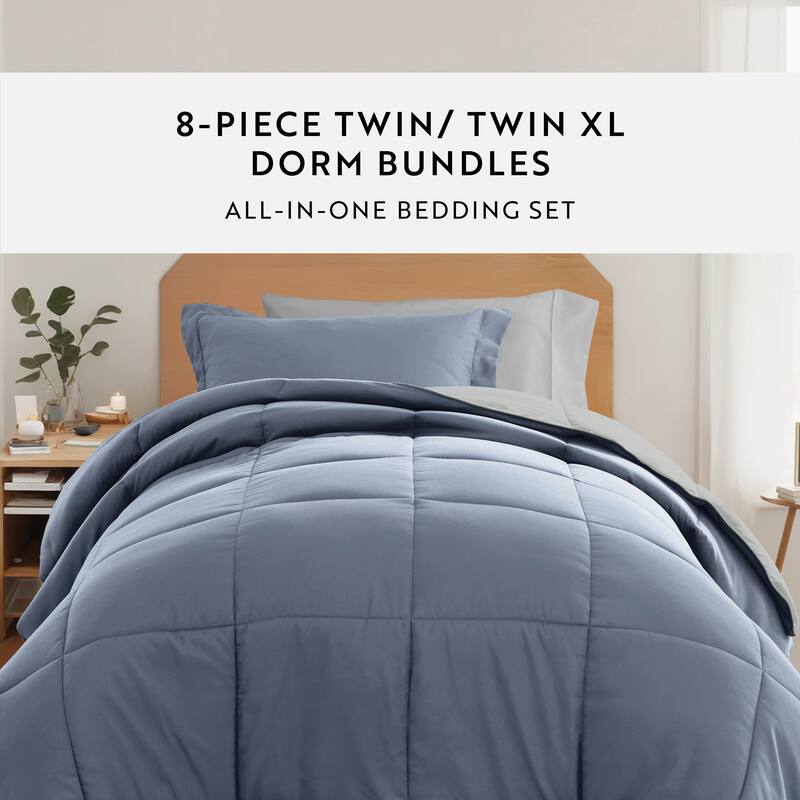 8pc Twin XL Solid Dorm Bedding Bundle
