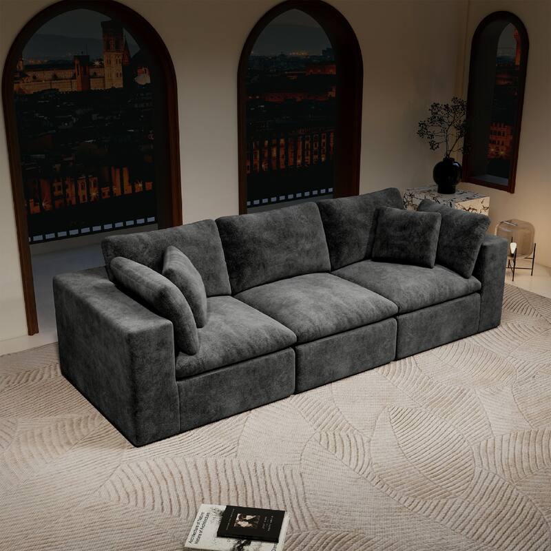 Roomfitters 108.3" Modular Sectional Sofa, 3-Piece Compressed Cloud Couch, No Assembly Required, Plush Corduroy, Grey