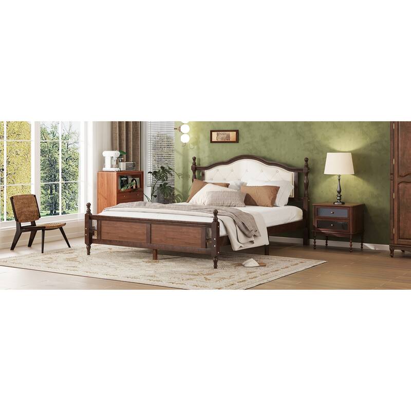 Roomfitters Queen Pine Wood Bed Frame with Upholstered Headboard and Panel Footboard, Reinforced Platform Support Design, Walnut