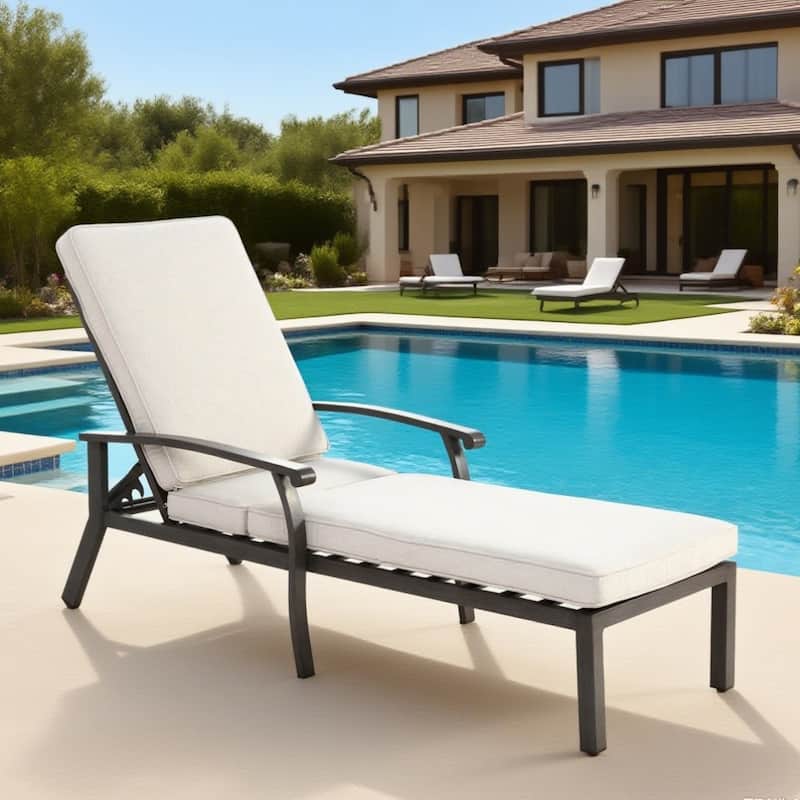 Outdoor Aluminum Cast Adjustable Chaise Lounge Chair with Wheels - Beige